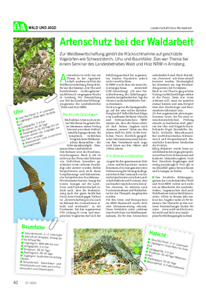 WALD UND JAGD Landwirtschaftliches Wochenblatt Artenschutz bei der Waldarbeit Zur Waldbewirtschaftung gehört die Rücksichtnahme auf geschützte Vogelarten wie Schwarzstorch, Uhu und Baumfalke.