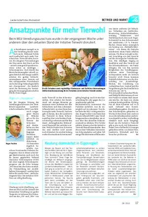 Landwirtschaftliches Wochenblatt BETRIEB UND MARKT Ansatzpunkte für mehr Tierwohl Beim WLV-Veredlungsausschuss wurde in der vergangenen Woche unter anderem über den aktuellen Stand der Initiative Tierwohl diskutiert.