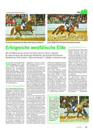 Landwirtschaftliches Wochenblatt TIER Erfolgreiche westfälische Elite Mit 270 000 € war der Damon Hill-Sohn Damon’s Dream, aktueller Bundeschampion der dreijährigen Reitpferde, das teuerste Pferd bei der Westfälischen Elite-Auktion in Münster-Handorf / 1,28 Mio.