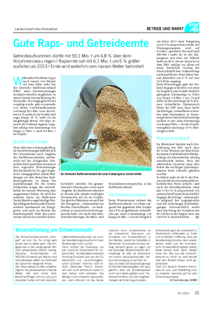 Landwirtschaftliches Wochenblatt BETRIEB UND MARKT W ährend in Westfalen-Lippe noch immer viel Weizen auf dem Halm steht, hat der Deutsche Raiffeisenverband (DRV) seine Ernteerwartungen nochmals deutlich angehoben.