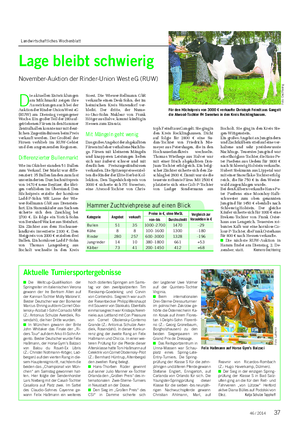 Landwirtschaftliches Wochenblatt TIER Lage bleibt schwierig November-Auktion der Rinder-Union West eG (RUW) Hammer Zuchtviehpreise auf einen Blick Kategorie Angebot verkauft Preise in €, ohne MwSt.