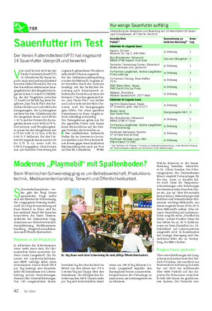 TIER V on April bis Juli 2014 hat der Verein Futtermitteltest(VFT) 14 Alleinfutter für Sauen be- probt, analysiert und anschließend bewertet (siehe Übersicht).