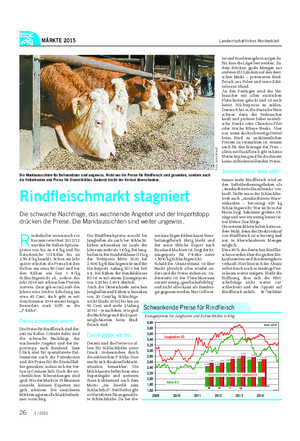 MÄRKTE 2015 Landwirtschaftliches Wochenblatt R inderhalter waren noch vor Kurzem verwöhnt: 2012/13 wurden für Bullen Spitzen- preise von bis zu 4 €/kg und für fleischreiche O3-Kühe bis zu 3,50 €/kg bezahlt.