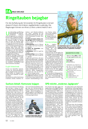 WALD UND JAGD Landwirtschaftliches Wochenblatt Ringeltauben bejagbar Für die Aufhebung der Schonzeiten für Ringeltauben sind seit diesem Frühjahr die Unteren Jagdbehörden zuständig.