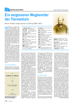 WESTFÄLISCHE KÖPFE Landwirtschaftliches Wochenblatt Ein vergessener Wegbereiter der Tiermedizin Werner Theodor Joseph Spinola aus Driburg (1802–1872) W estfalen zu Beginn des 19.