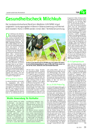 Landwirtschaftliches Wochenblatt TIER D ie Zahl kann sich sehen las- sen: Fast 90 % aller in Nord- rhein-Westfalen gehaltenen Kühe werden im Rahmen des flä- chendeckenden Netzwerkes des Landeskontrollverbandes (LKV) NRW regelmäßig überprüft.