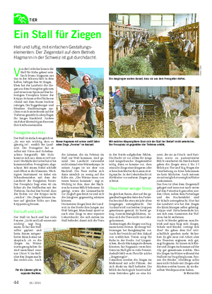 TIER Landwirtschaftliches Wochenblatt Ein Stall für Ziegen Hell und luftig, mit einfachen Gestaltungs- elementen: Der Ziegenstall auf dem Betrieb Hagmann in der Schweiz ist gut durchdacht.