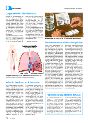 GESUNDHEIT Landwirtschaftliches Wochenblatt Lungenembolie – die stille Gefahr Die Zahl der Thrombosen und der damit einhergehenden Komplika- tion, der Lungenembolie, hat in den vergangenen Jahren zugenom- men.
