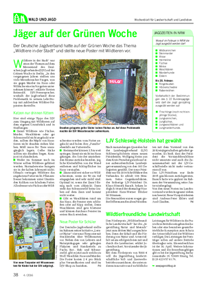 WALD UND JAGD Jäger auf der Grünen Woche Der Deutsche Jagdverband hatte auf der Grünen Woche das Thema „Wildtiere in der Stadt“ und stellte neue Poster mit Wildtieren vor.