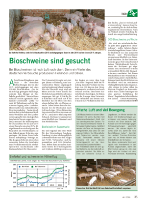 TIER A llem Bionachfrageboom zum Trotz – die deutschen Schlachtungen sind im Jahr 2015 zurückgegangen mit etwa 230 000 Bioschweinen.