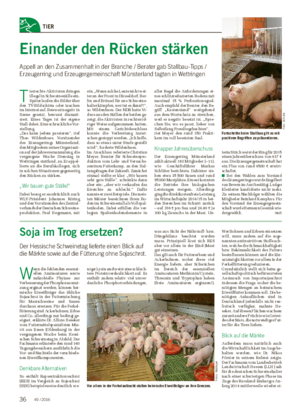 Wochenblatt für Landwirtschaft und LandlebenTIER Einander den Rücken stärken Appell an den Zusammenhalt in der Branche / Berater gab Stallbau-Tipps / Erzeugerring und Erzeugergemeinschaft Münsterland tagten in Wettringen T ierrechts-Aktivisten dringen illegal in Schweineställe ein.