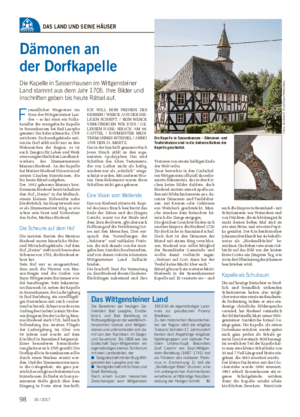 Wochenblatt für Landwirtschaft und LandlebenDAS LAND UND SEINE HÄUSER Dämonen an der Dorfkapelle Die Kapelle in Sassenhausen im Wittgensteiner Land stammt aus dem Jahr 1705.