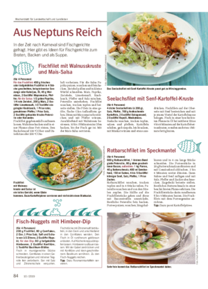 Fischfilet mit Walnusskruste und Mais-Salsa (für 4 Personen) Für das Fischfilet: 450 g frisches oder tiefgekühltes Fischfilet in 4 Stü- cke geschnitten, beispielsweise See- zunge oder Kabeljau, Öl, 45 g Wal- nüsse, 2 Esslöffel Mayonnaise, Pfef- fer; für die Salsa: 1/2 grüne Paprika, 1/4 rote Zwiebel, 200 g Mais, 2 Ess- löffel Limettensaft, 1/2 Teelöffel ein- gelegter Knoblauch, 1 Prise roter, gemahlener Pfeffer,1 Prise Salz, 2 Esslöffel gehackte frische Petersi- lie oder Koriander.