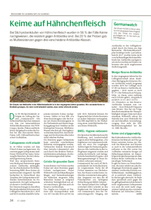 Keime auf Hähnchenfleisch Bei Stichprobenkäufen von Hähnchenfleisch wurden in 56 % der Fälle Keime nachgewiesen, die resistent gegen Antibiotika sind.