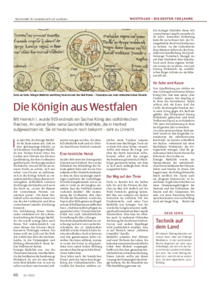 66 52 / 2022 WESTFALEN – DIE ERSTEN 100 JAHRE Die Königin aus Westfalen Mit Heinrich I.