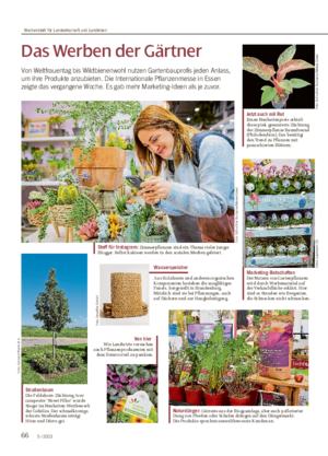 66 5 / 2023 Das Werben der Gärtner Von Weltfrauentag bis Wildbienenwohl nutzen Gartenbauprofis jeden Anlass, um ihre Produkte anzubieten.